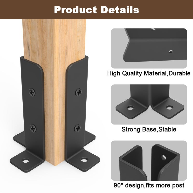 Linone 8 pcs Adjustable Deck Post Anchor Base Brackets Fit 1.5x1.5,2x2,2x4,4x4 Post,Wood Fence Pergola Post Base Brackets Kit,Heavy Duty Half Column Black Post Brackets Support Base Brackets for Deck Railing - Image 4